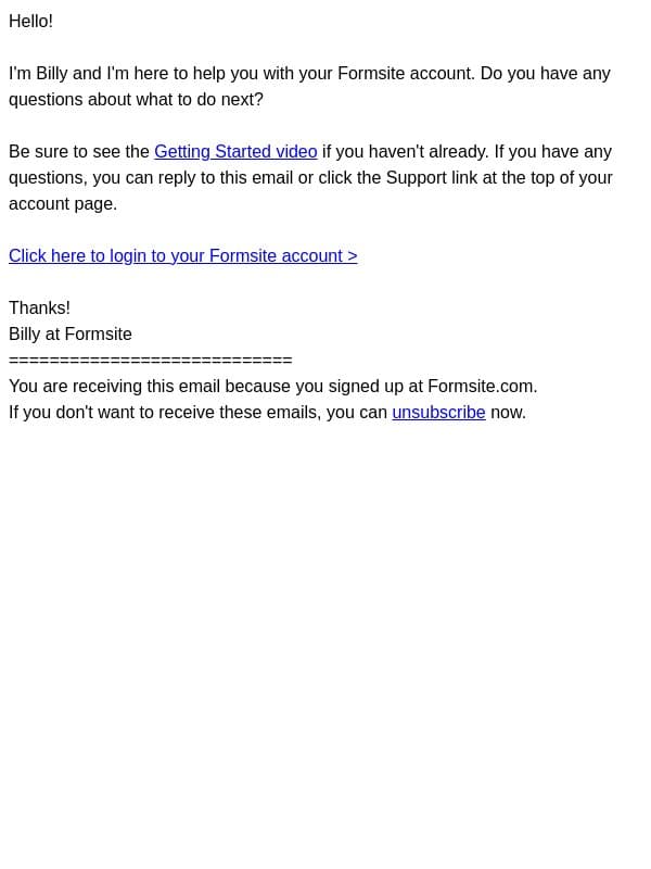Need any help? email from Formsite screenshot