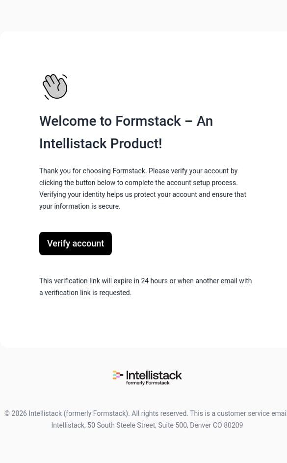 Verify your email address with your Formstack account email from Formstack screenshot