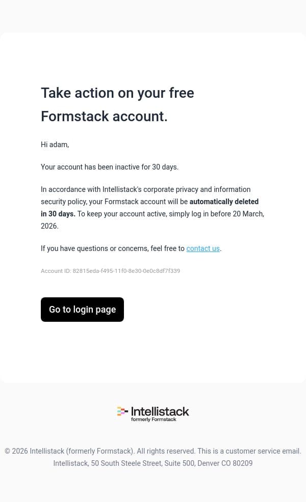 Take action on your free Formstack account email from Formstack screenshot