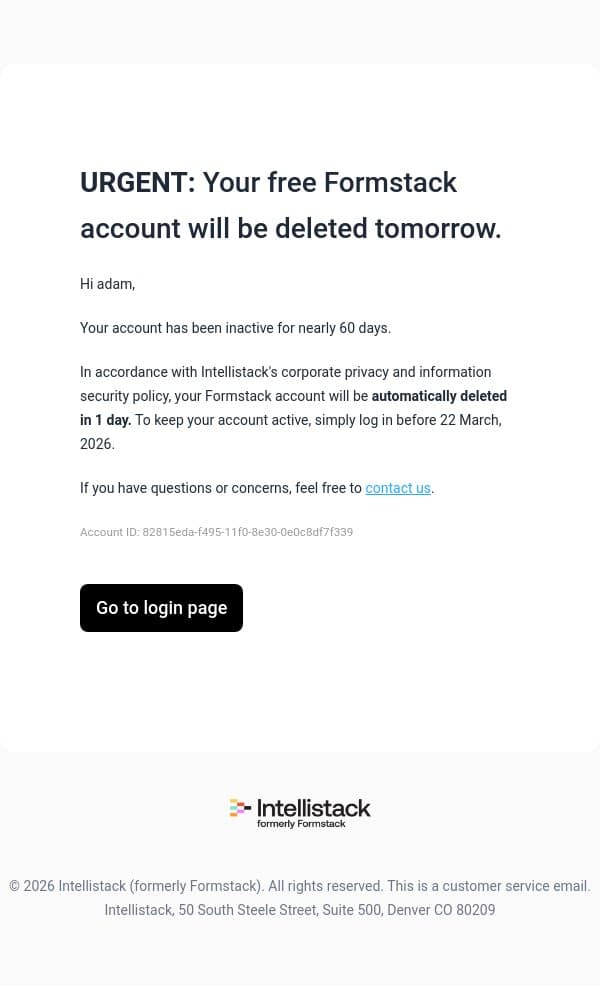 Final Notice: Take action on your free Formstack account email from Formstack screenshot