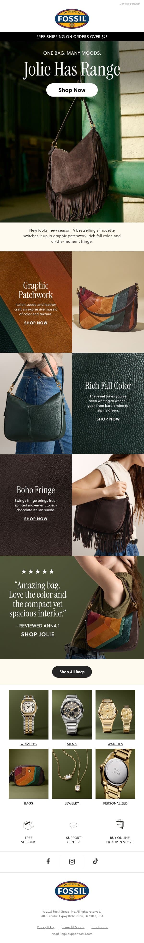 One Jolie. Three new looks. email from Fossil screenshot