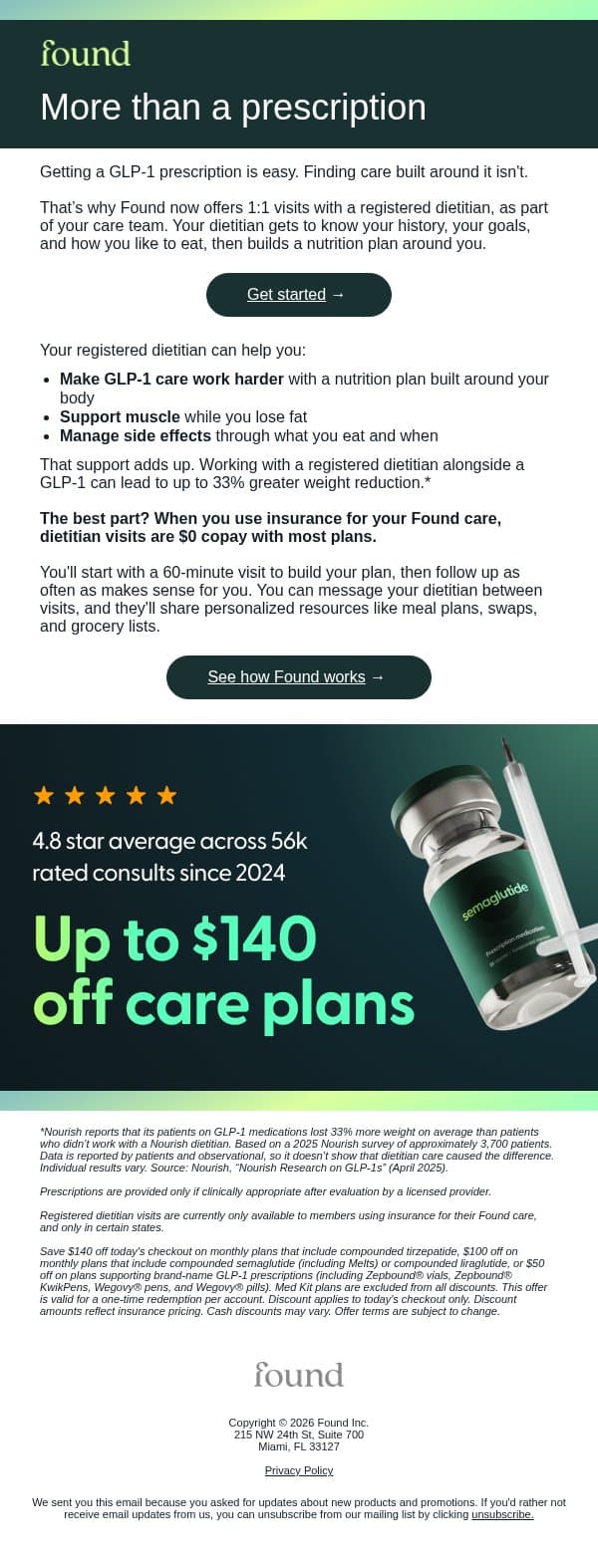 New at Found: Registered dietitians email from Found screenshot