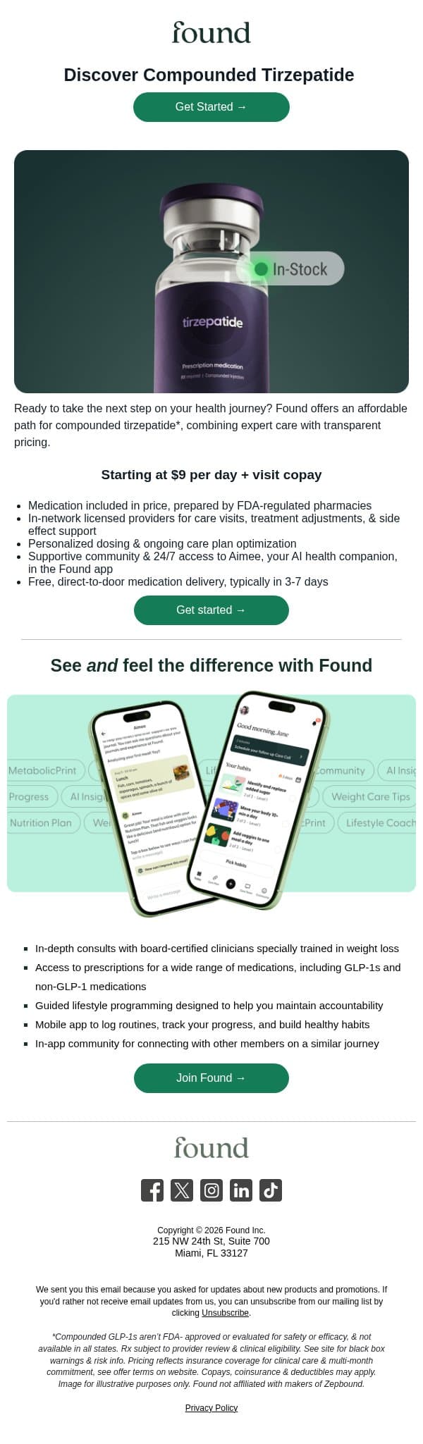 Discover Compounded Tirzepatide from $9 per day email from Found screenshot