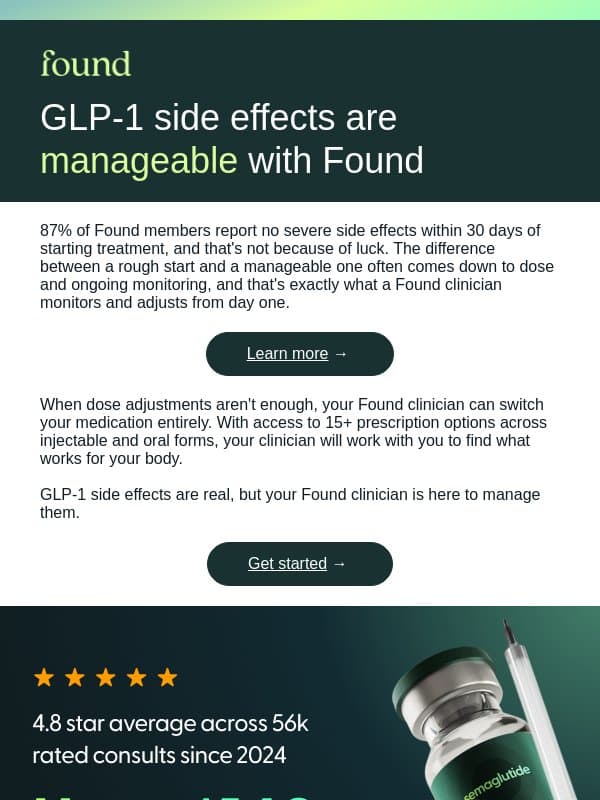 87% of members report no side effects in month 1 with Found email from Found