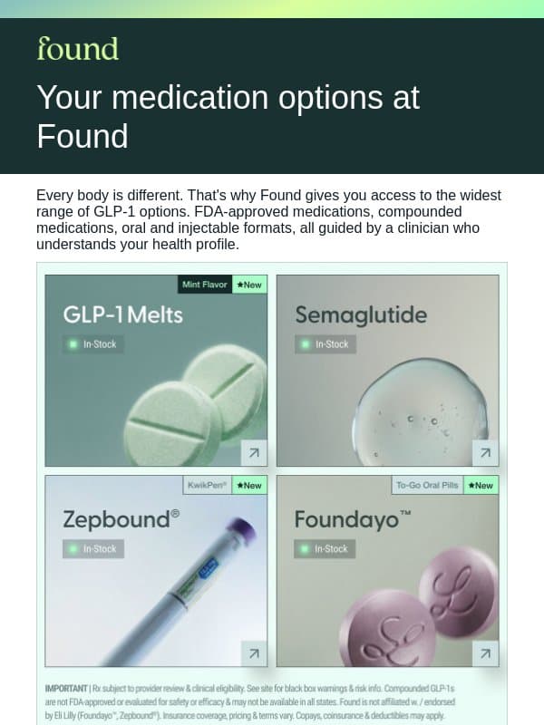 FDA-approved and compounded GLP-1s all in one place email from Found