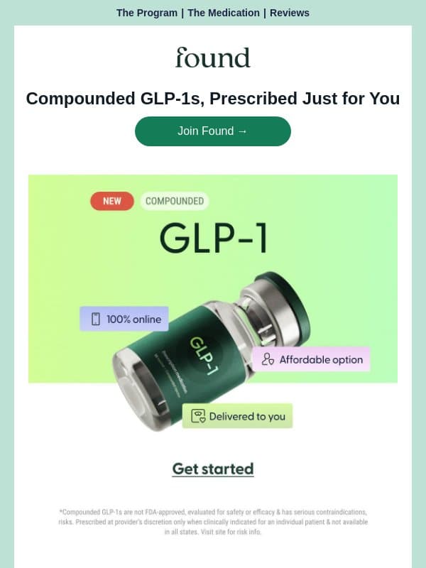 GLP-1 care, now starting at just $5/day + visit copay email from Found