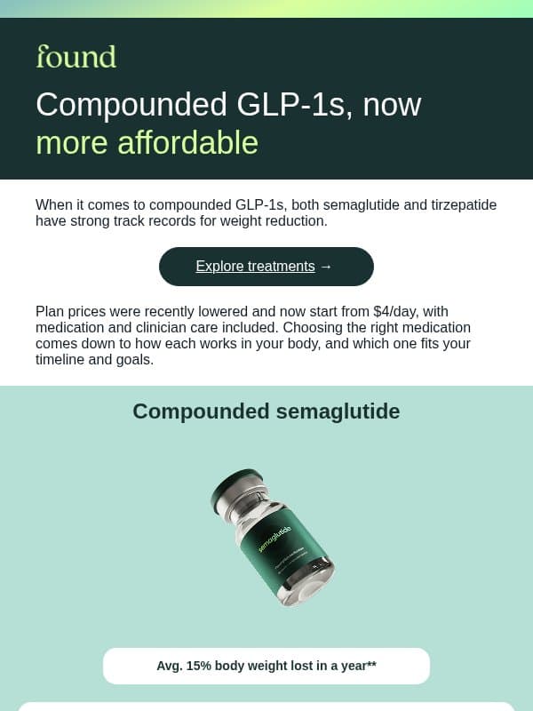 Lower prices. Let’s compare your GLP-1 options. email from Found