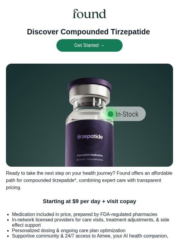 Discover Compounded Tirzepatide from $9 per day email from Found