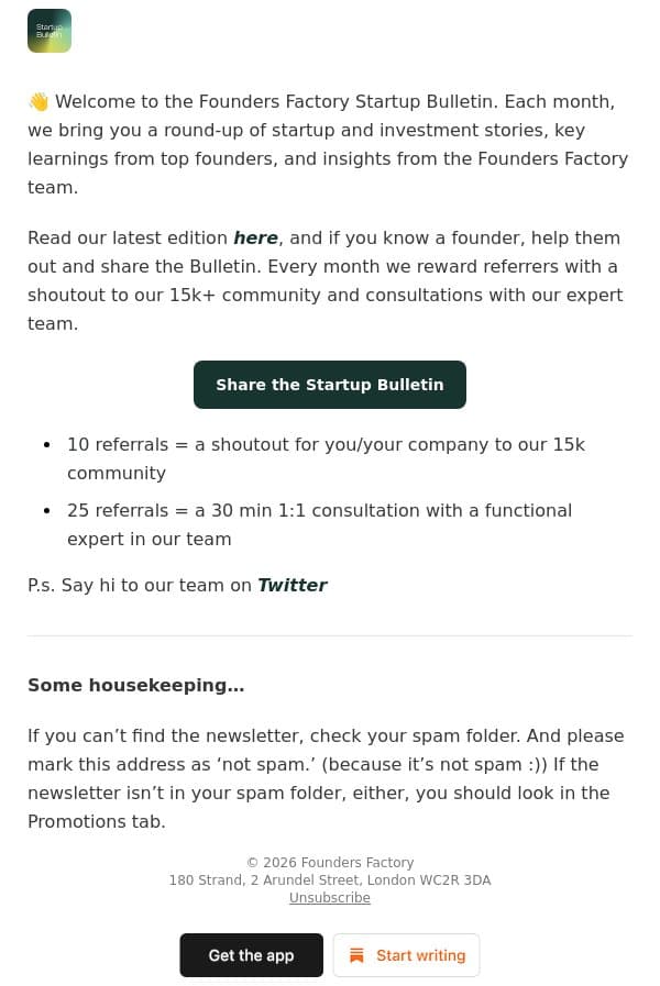 Welcome! email from Founders Factory screenshot