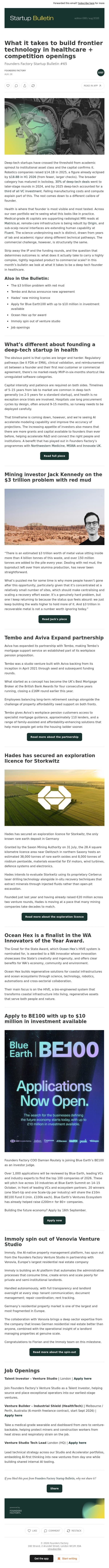 What it takes to build frontier technology in healthcare + competition openings email from Founders Factory screenshot