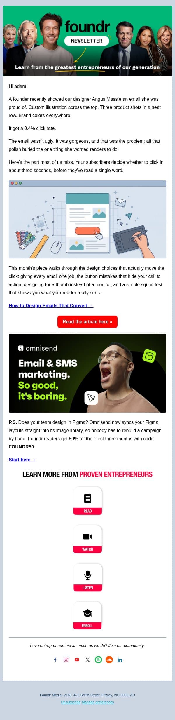 Her gorgeous email got a 0.4% click rate email from Foundr screenshot