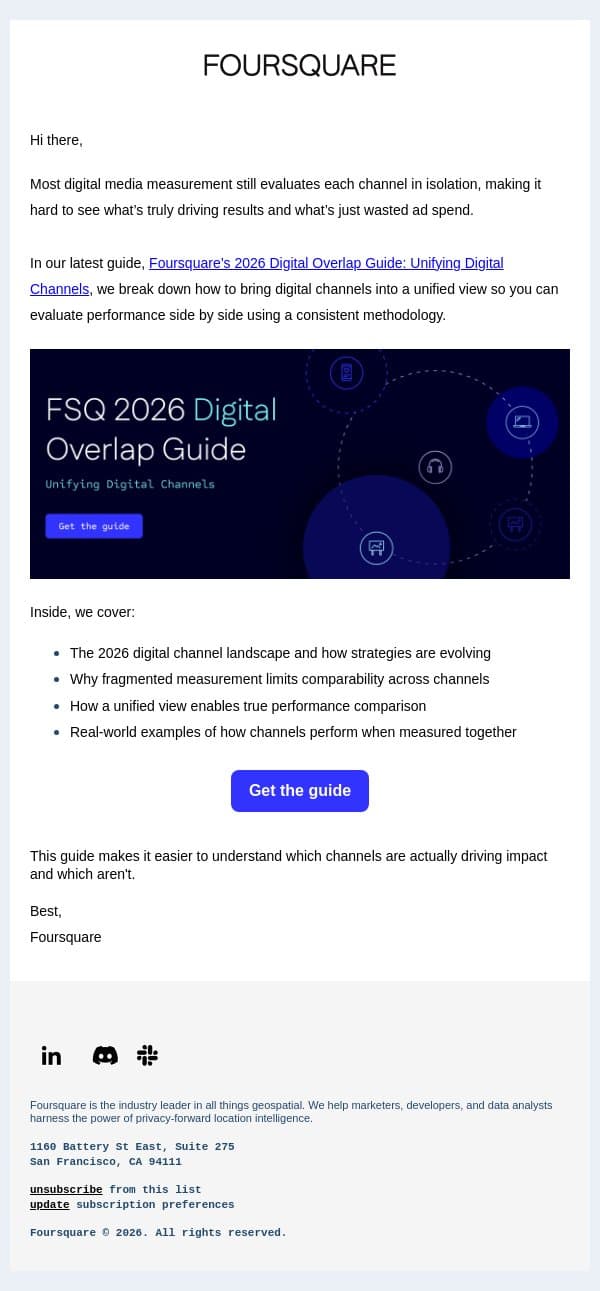 How to actually compare performance across channels email from Foursquare screenshot