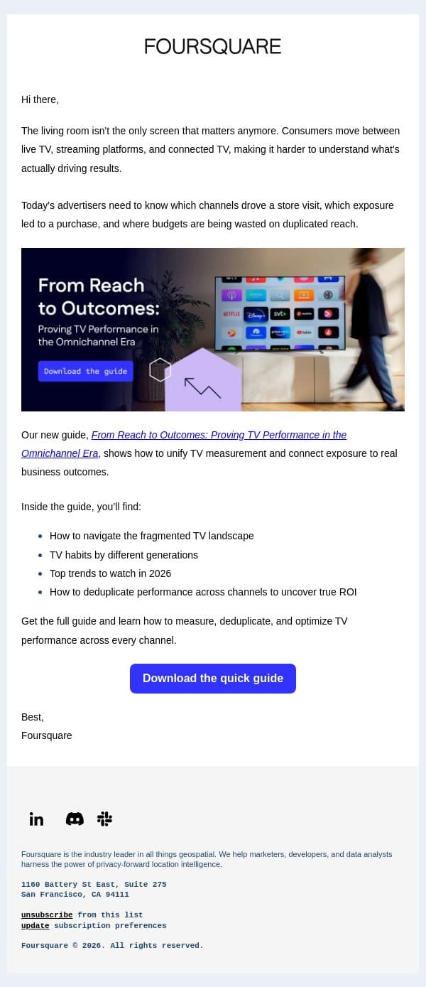 Stop measuring TV like it's 1999. email from Foursquare screenshot