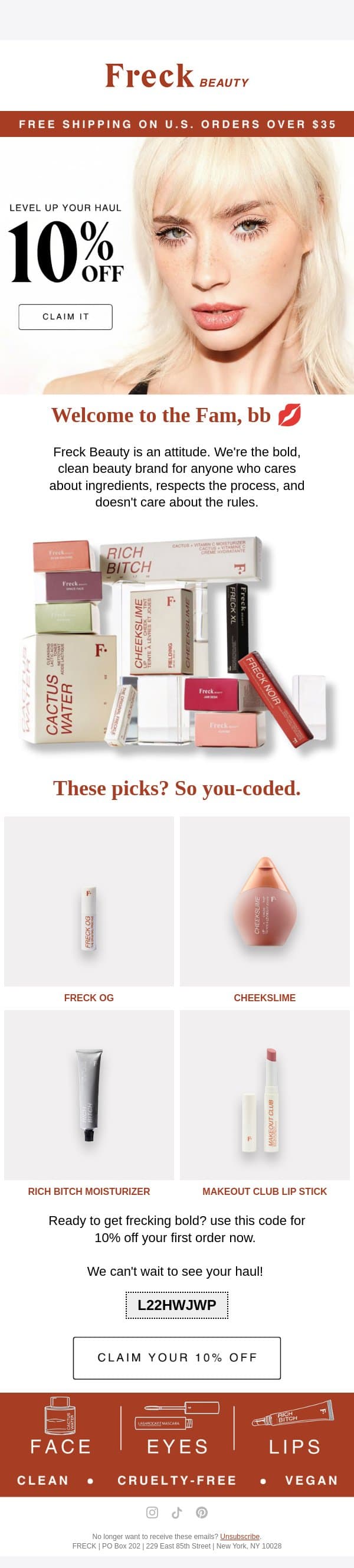 your 10% off just landed email from Freck Beauty screenshot