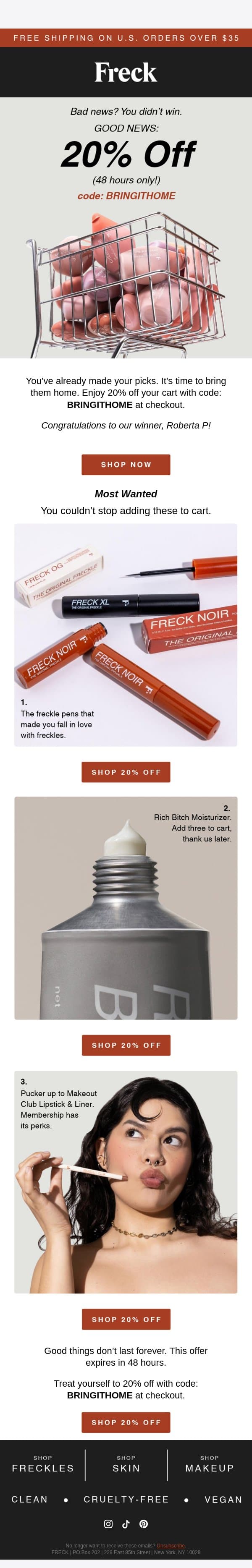 20% Off + The Winner of Our Cart Giveaway π« email from Freck Beauty screenshot