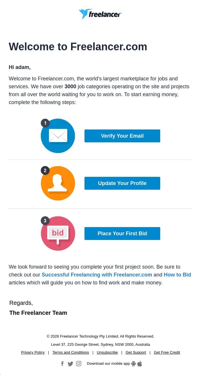 Welcome to Freelancer.com email from Freelancer.com screenshot