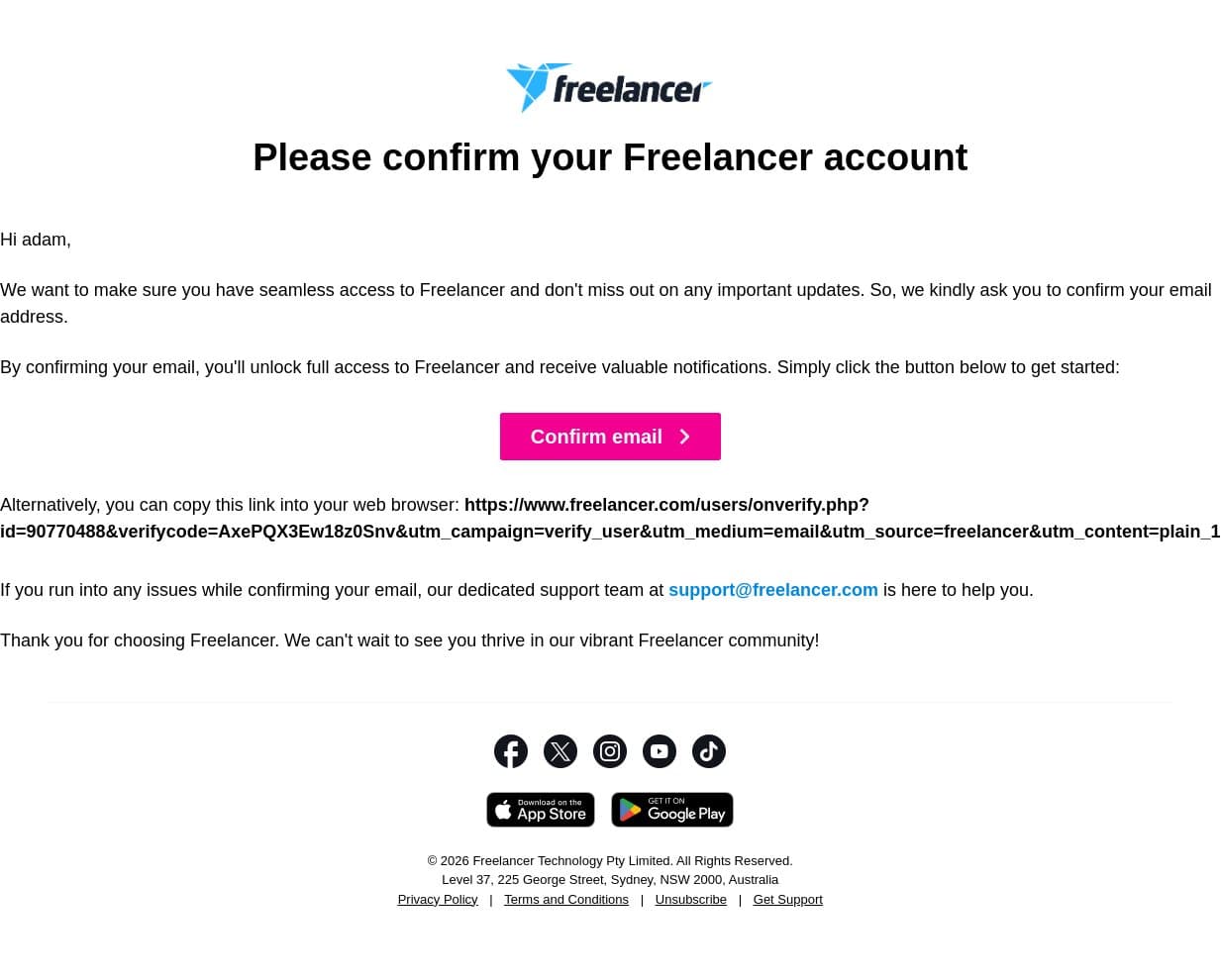 Important! Confirm your Freelancer Account email from Freelancer.com screenshot