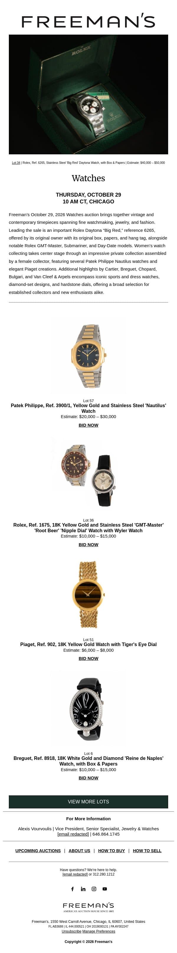 Bidding is Open | Watches email from Freeman's screenshot