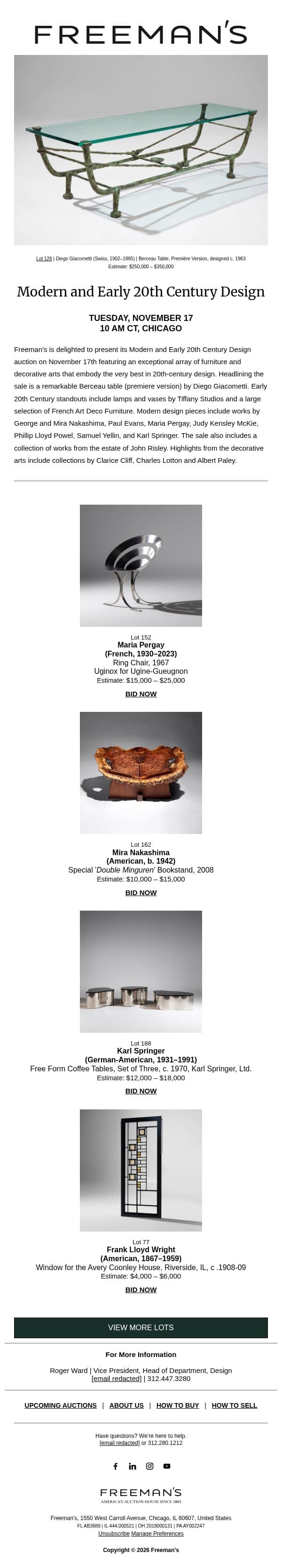 Bidding is Open | Modern and Early 20th Century Design email from Freeman's screenshot