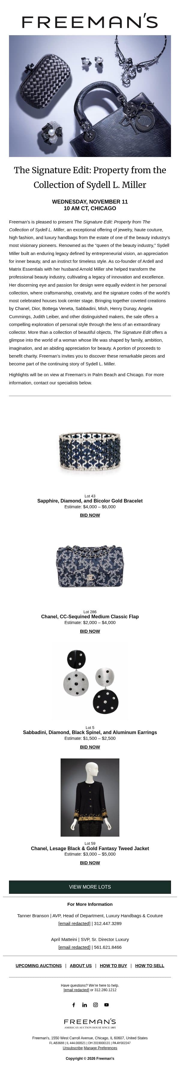 Bidding is Open | The Signature Edit: Property from the Collection of Sydell L. Miller email from Freeman's screenshot