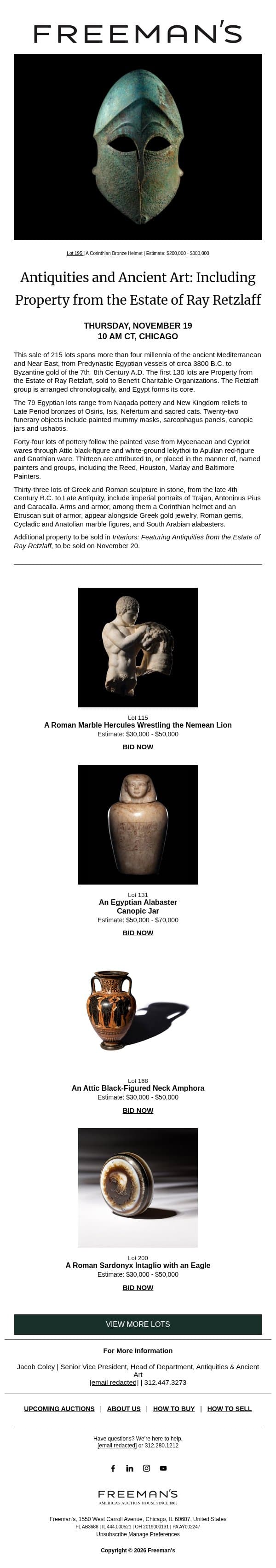 Bidding is Open | Antiquities and Ancient Art: Including Property from the Estate of Ray Retzlaff email from Freeman's screenshot
