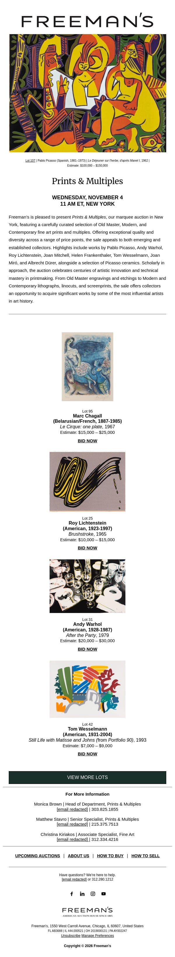 Bidding is Open | Prints & Multiples email from Freeman's screenshot