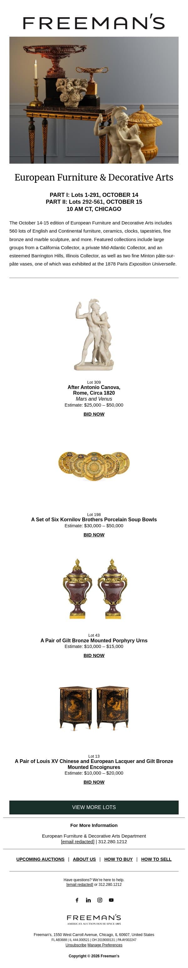 Last Chance to Bid | European Furniture & Decorative Arts email from Freeman's screenshot