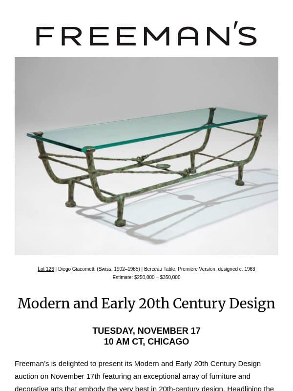 Bidding is Open | Modern and Early 20th Century Design email from Freeman's