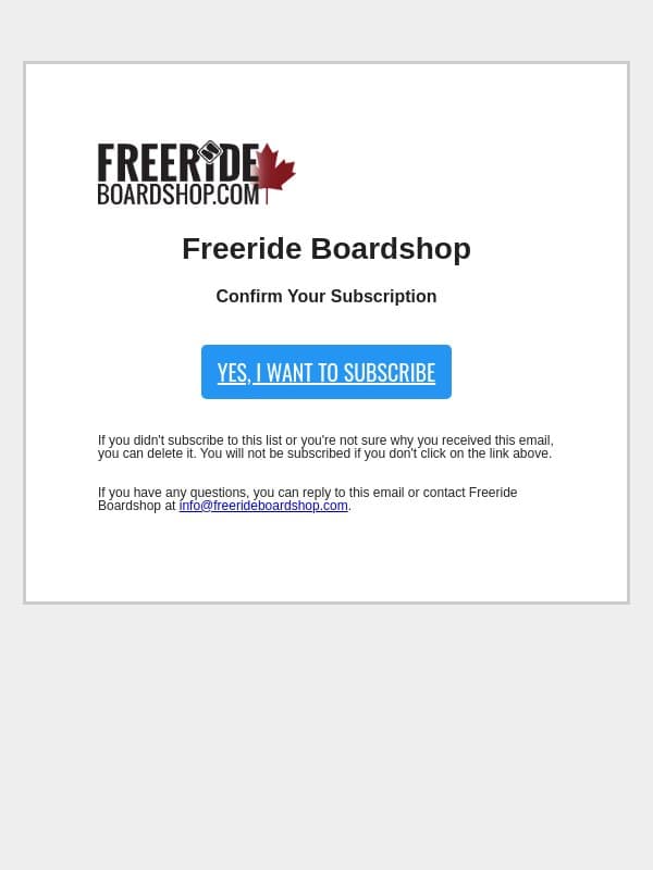 Confirm Your Subscription email from Freeride Boardshop screenshot