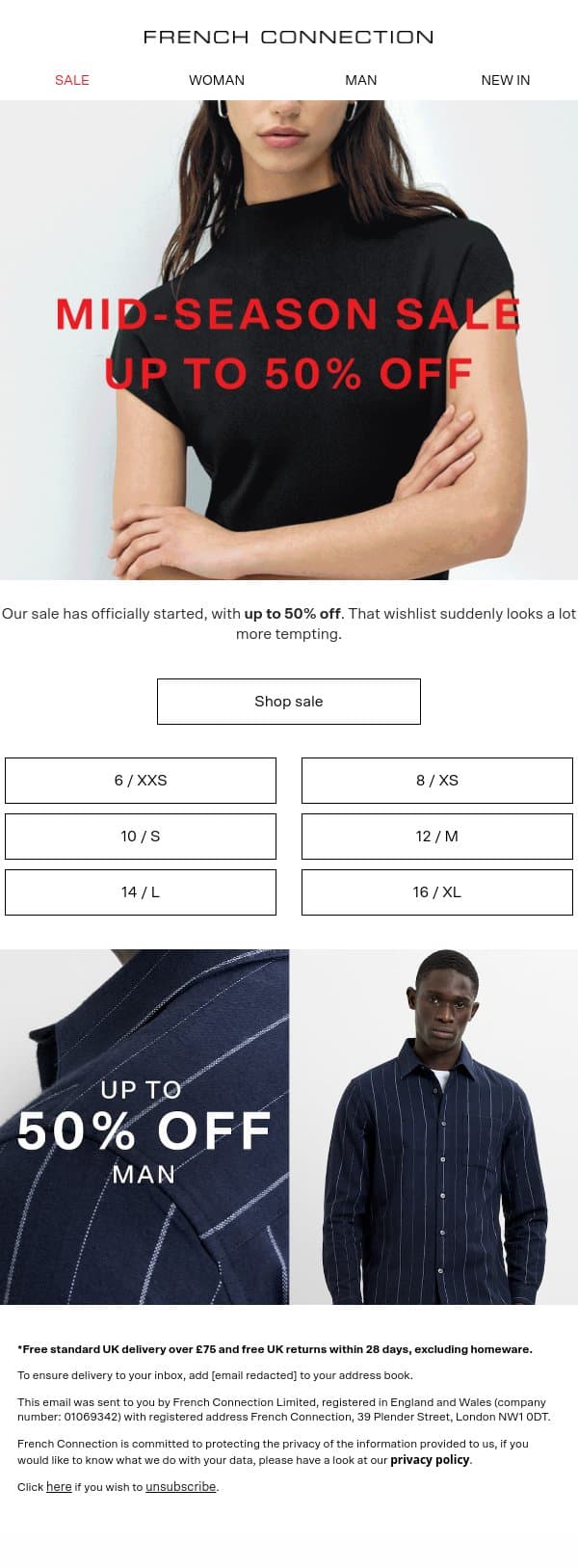 Sale now on: Up to 50% off email from French Connection screenshot