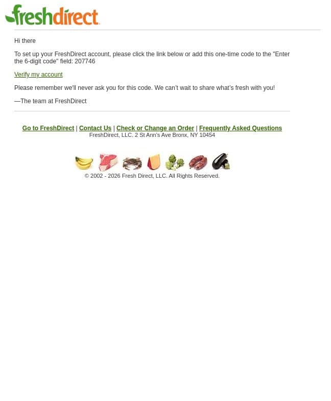 Verify your FreshDirect account email from FreshDirect screenshot