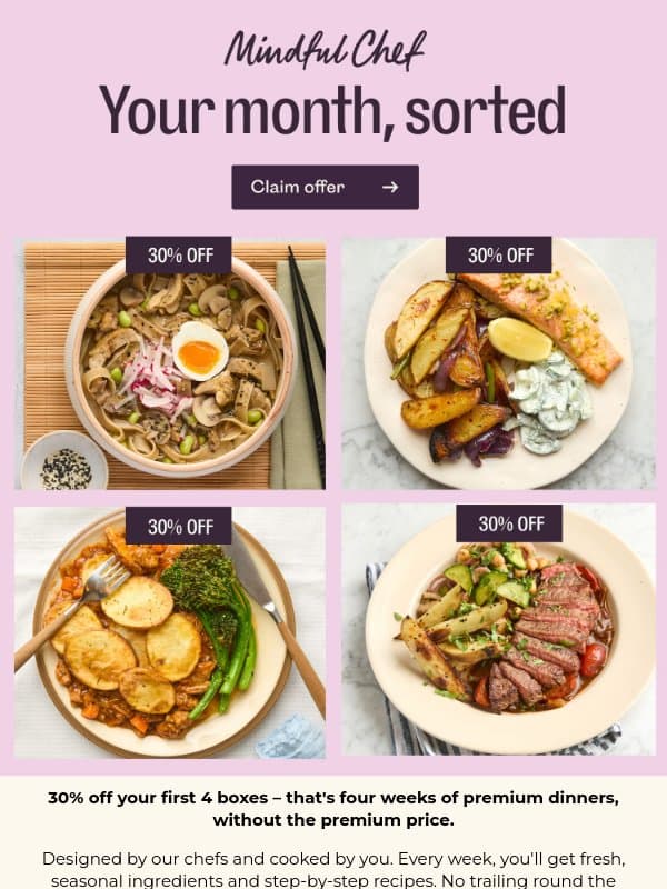 30% off four weeks of delicious dinners email from Freshly