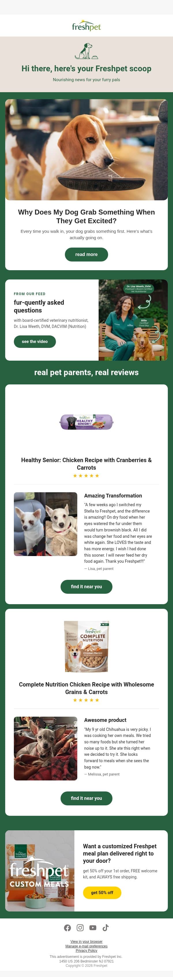 Why do dogs grab a toy when they get excited? 🦴 email from Freshpet screenshot