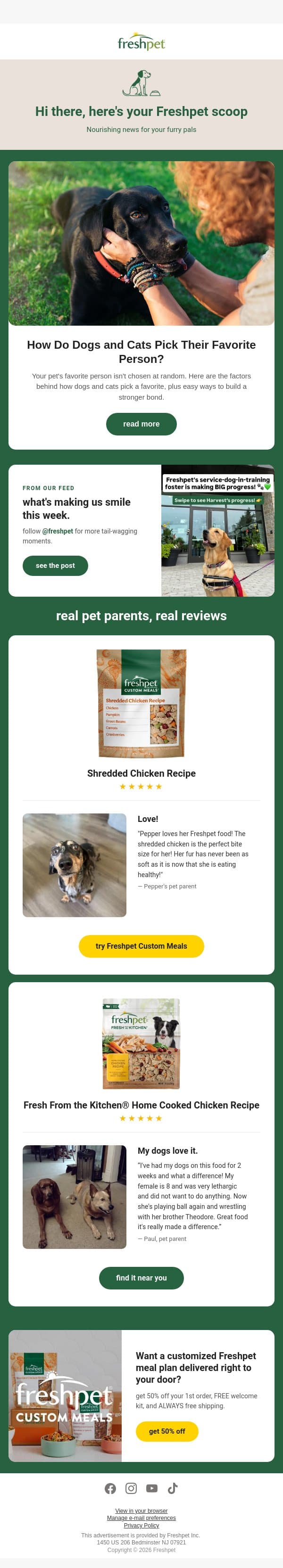 How do pets pick their favorite person? 🐶 email from Freshpet screenshot