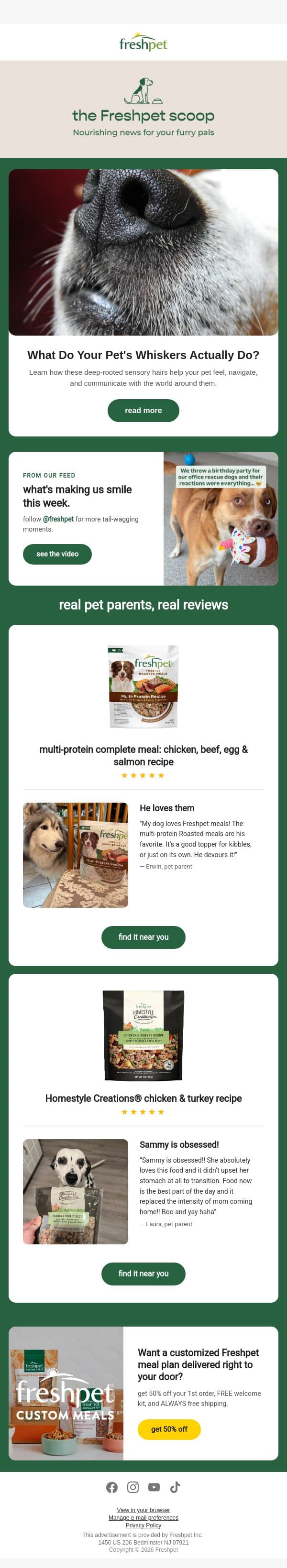 What do your pet's whiskers actually do? 🐶 email from Freshpet screenshot