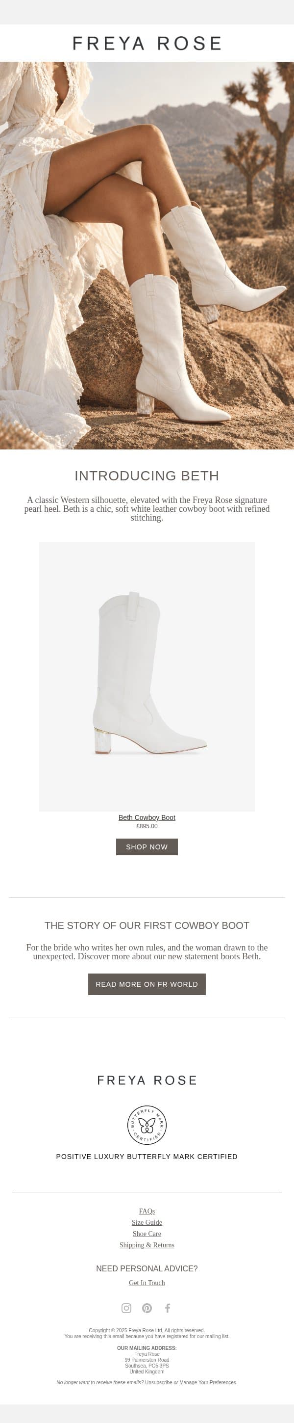 Our New Cowboy Boot is Here email from Freya Rose London screenshot