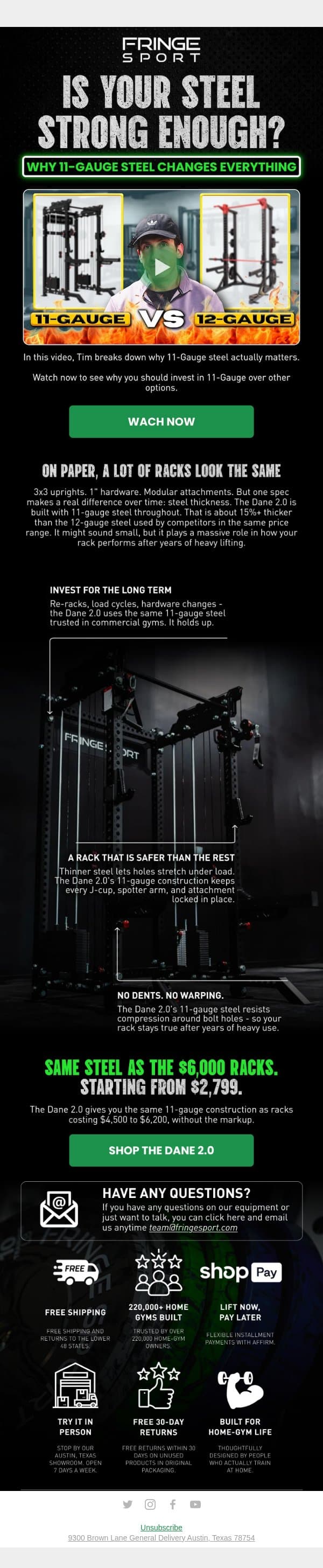 Why should you invest in strong steel? email from Fringe Sport screenshot