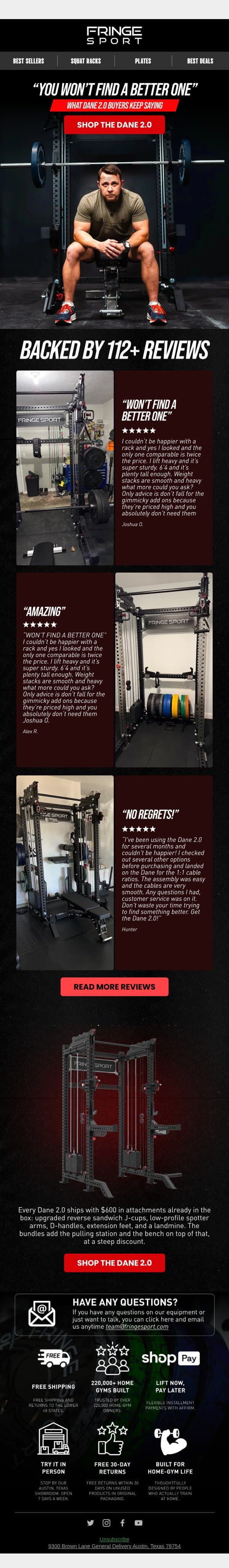 The Dane 2.0 Reviews Are In email from Fringe Sport screenshot
