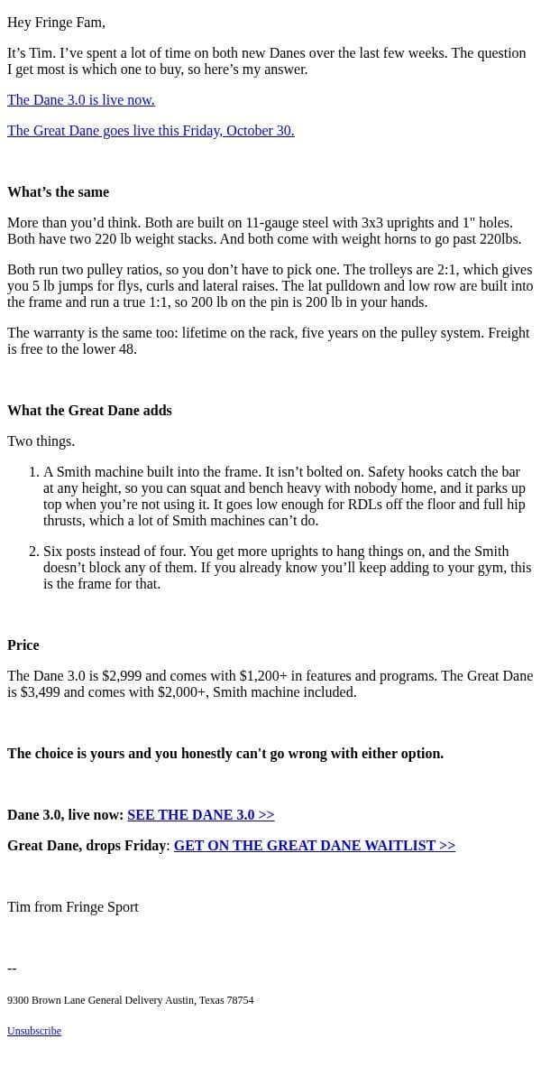Great Dane or Dane 3.0? email from Fringe Sport screenshot