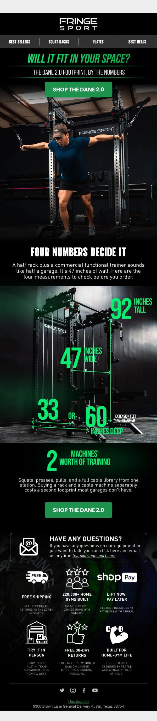 Will the Dane 2.0 fit your space? email from Fringe Sport screenshot