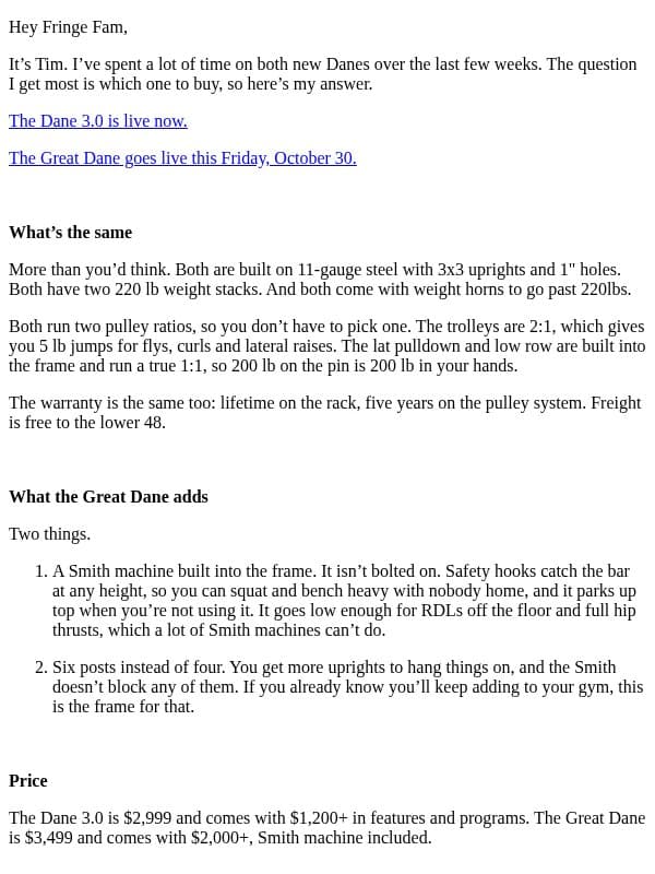 Great Dane or Dane 3.0? email from Fringe Sport