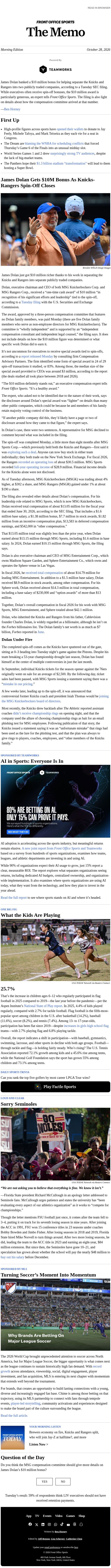Knicks Owner Gets $10M in MSG Split email from Front Office Sports screenshot