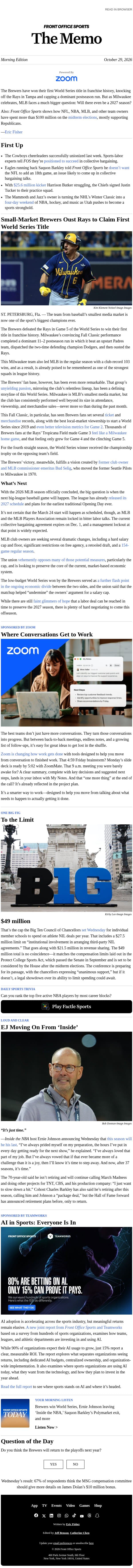 Brewers Win, MLB Labor Fight Looms email from Front Office Sports screenshot