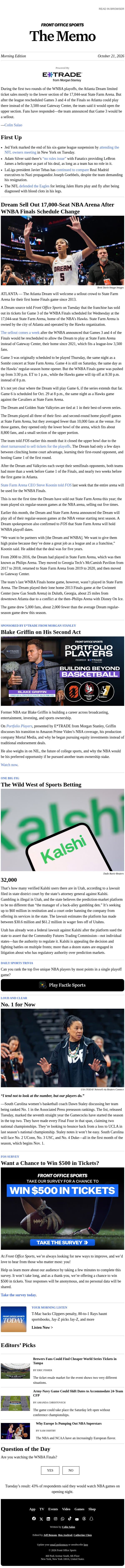 WNBA’s Dream Sell Out NBA Arena email from Front Office Sports screenshot