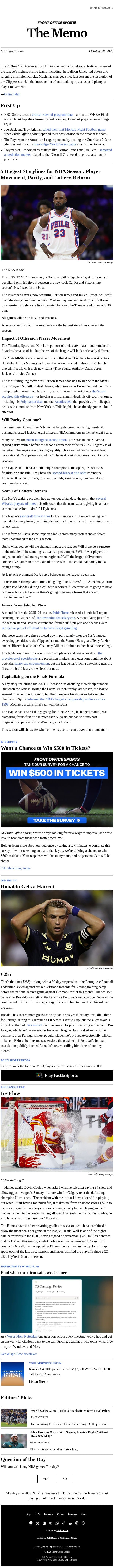 NBA Returns: 5 Big Storylines email from Front Office Sports screenshot