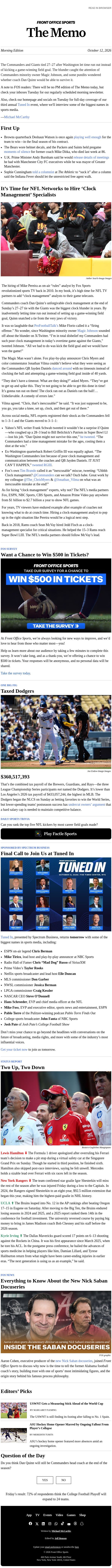 Commanders’ Clock Management Woes email from Front Office Sports screenshot