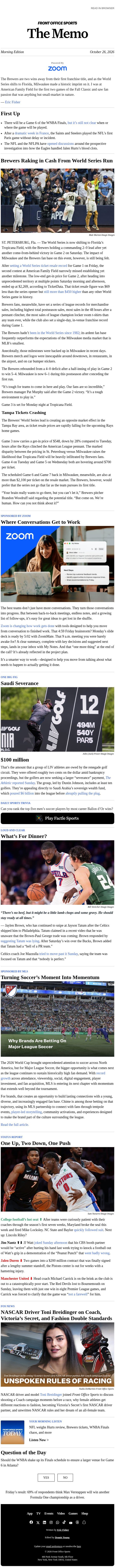 Brewers Rake In World Series Cash email from Front Office Sports screenshot