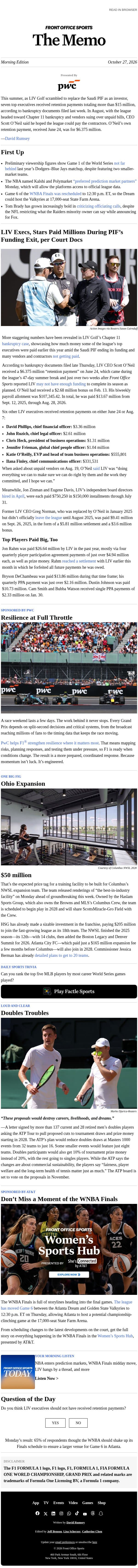 LIV CEO Made $13M During PIF Exit email from Front Office Sports screenshot