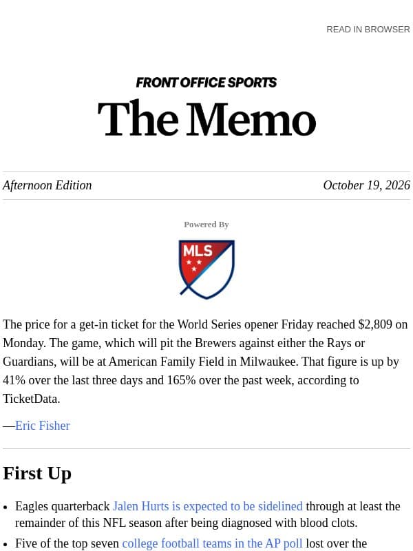 World Series Tickets Near $3K email from Front Office Sports