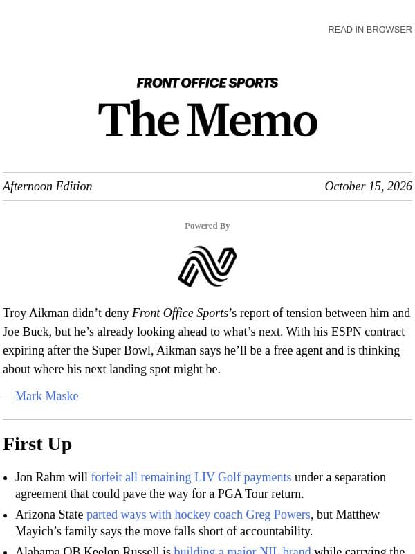 Aikman Eyes His Next Move email from Front Office Sports